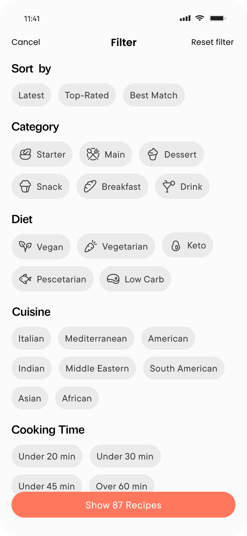 Dishcovery filter — after, with labeled chips and supporting icons