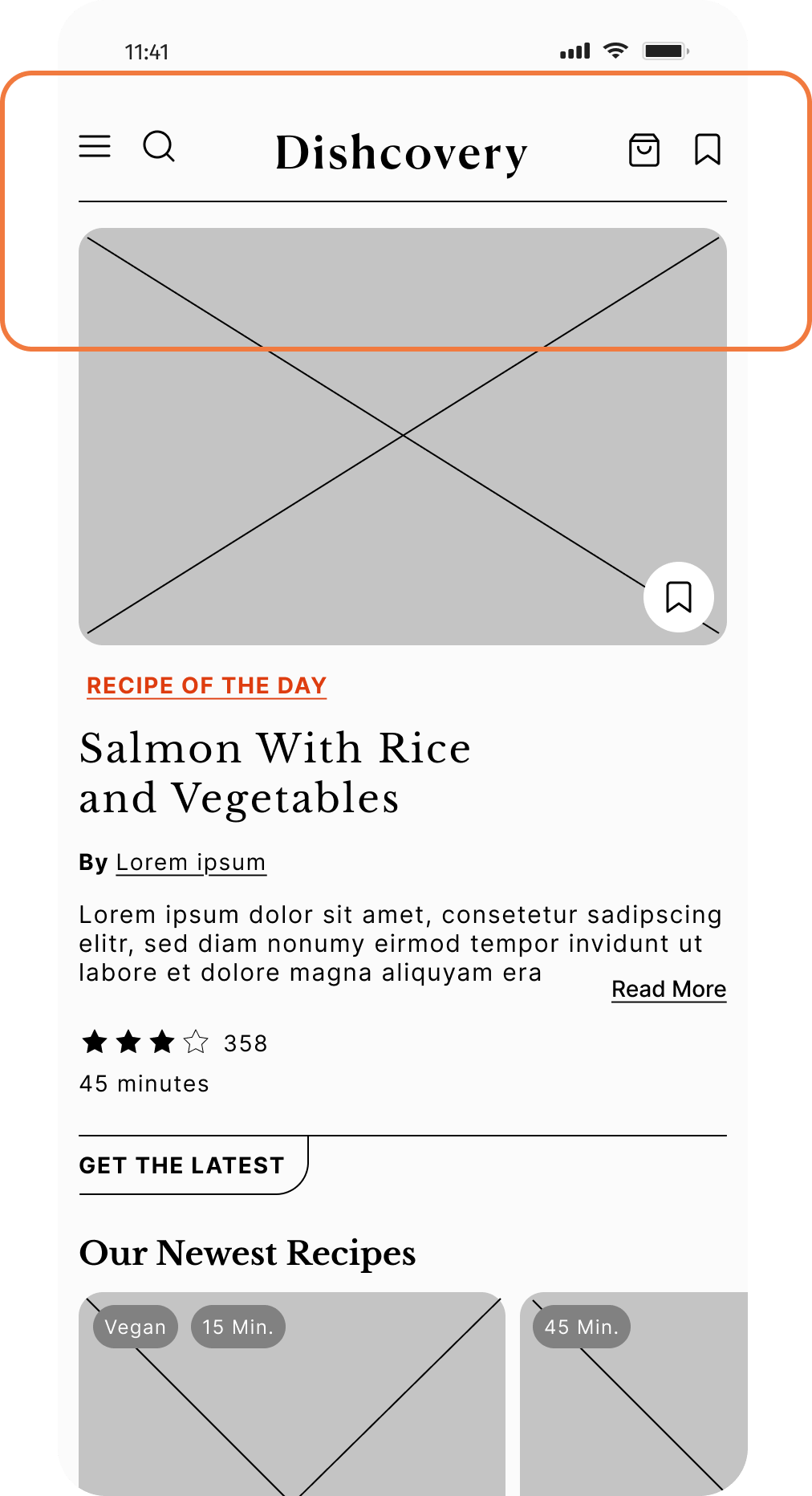 Dishcovery home — before, with a hamburger menu and icon-only top bar