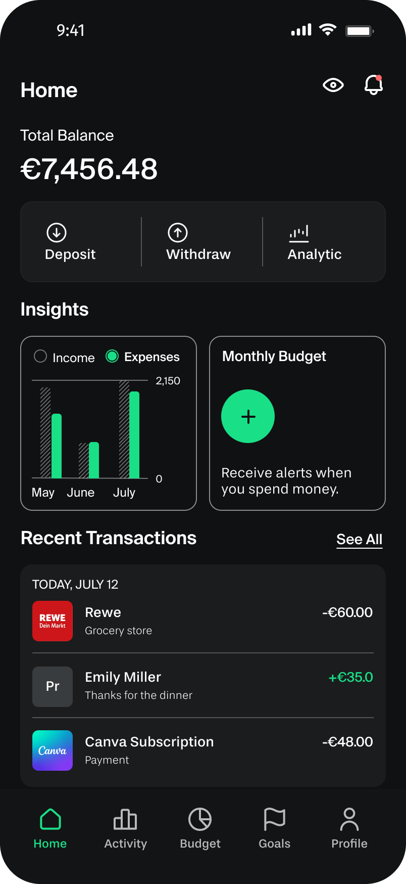 Home dashboard screen
