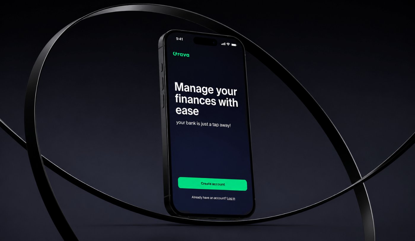 Grava onboarding screen on a phone framed by dark sculptural rings