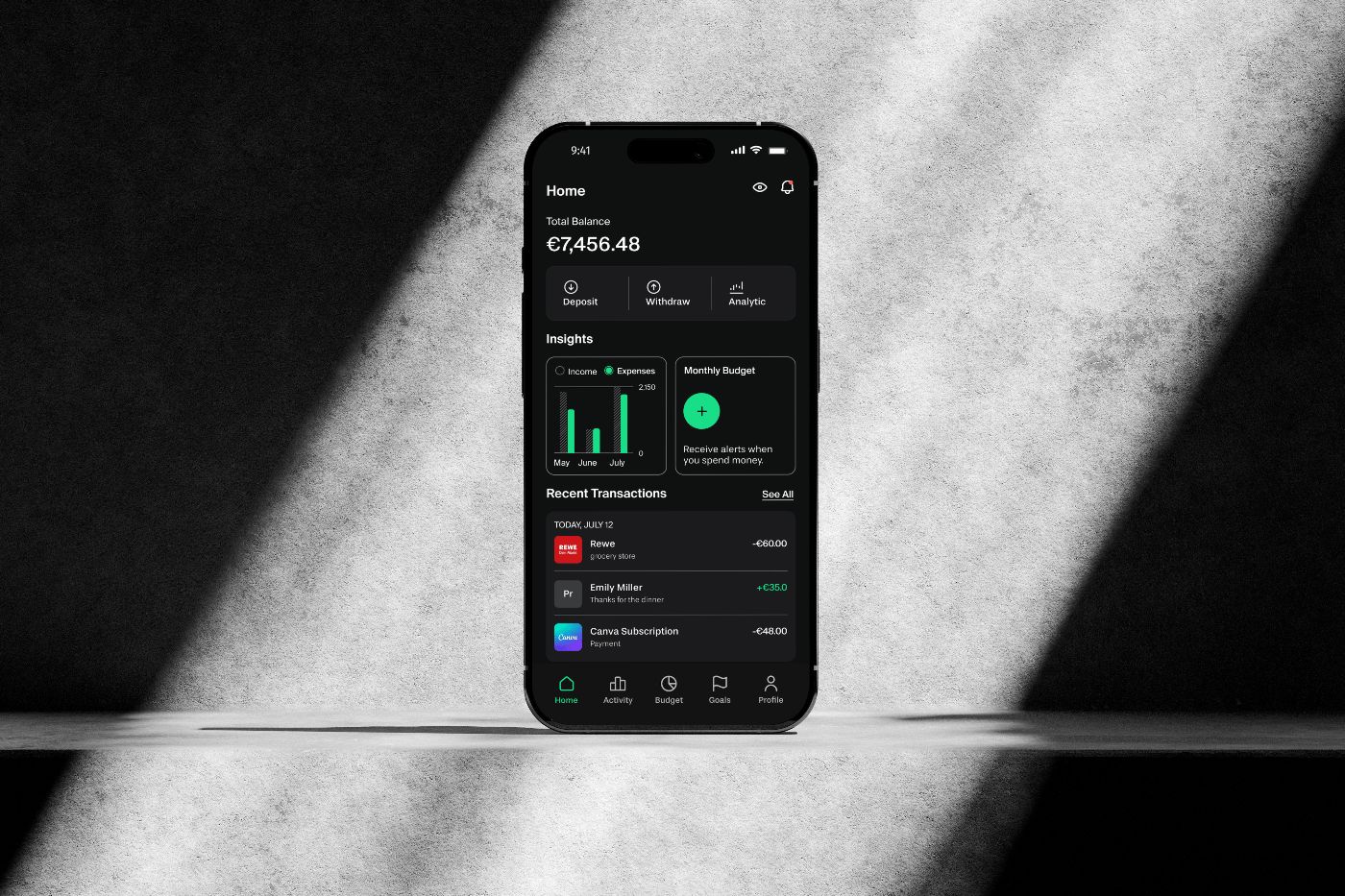 Grava Home dashboard on a phone against a light concrete wall