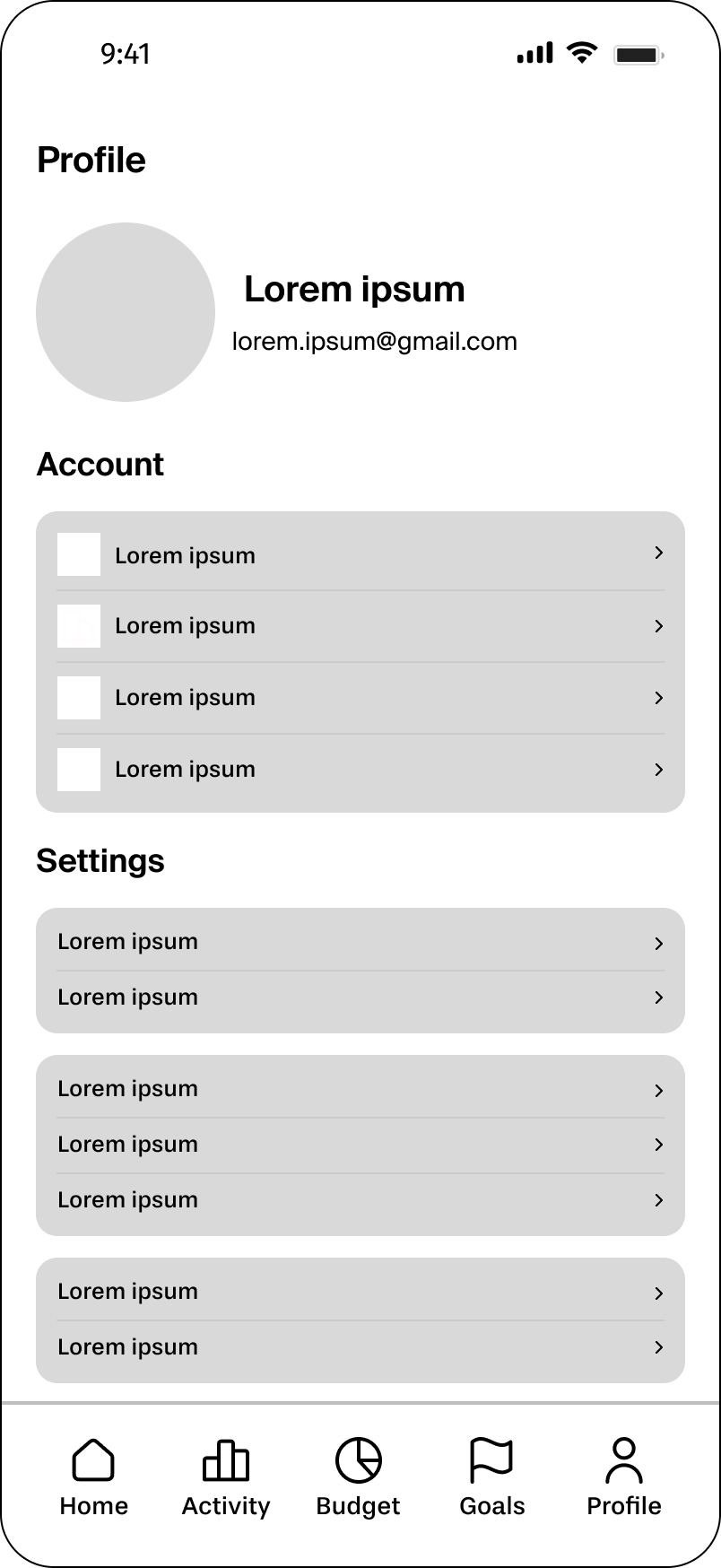 Profile screen low-fidelity wireframe