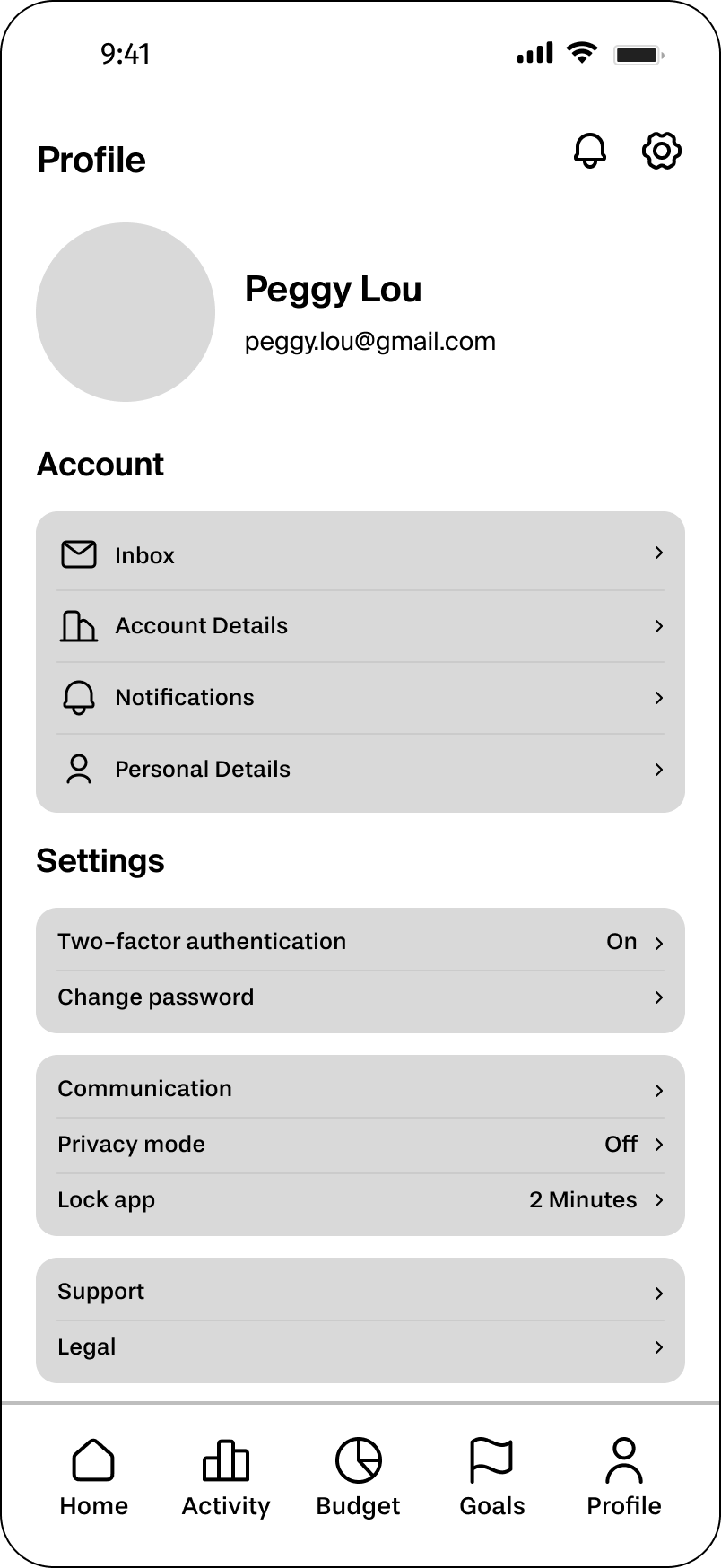 Profile screen mid-fidelity wireframe