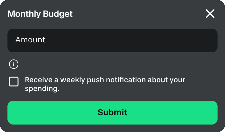 Monthly budget modal after — with 3-month average reference and weekly notification opt-in