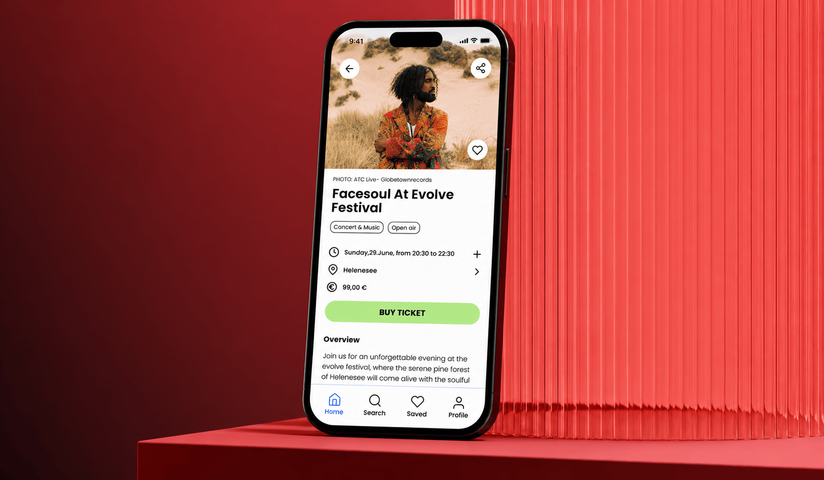 Onfoot event detail screen on a phone against a deep-red ribbed backdrop