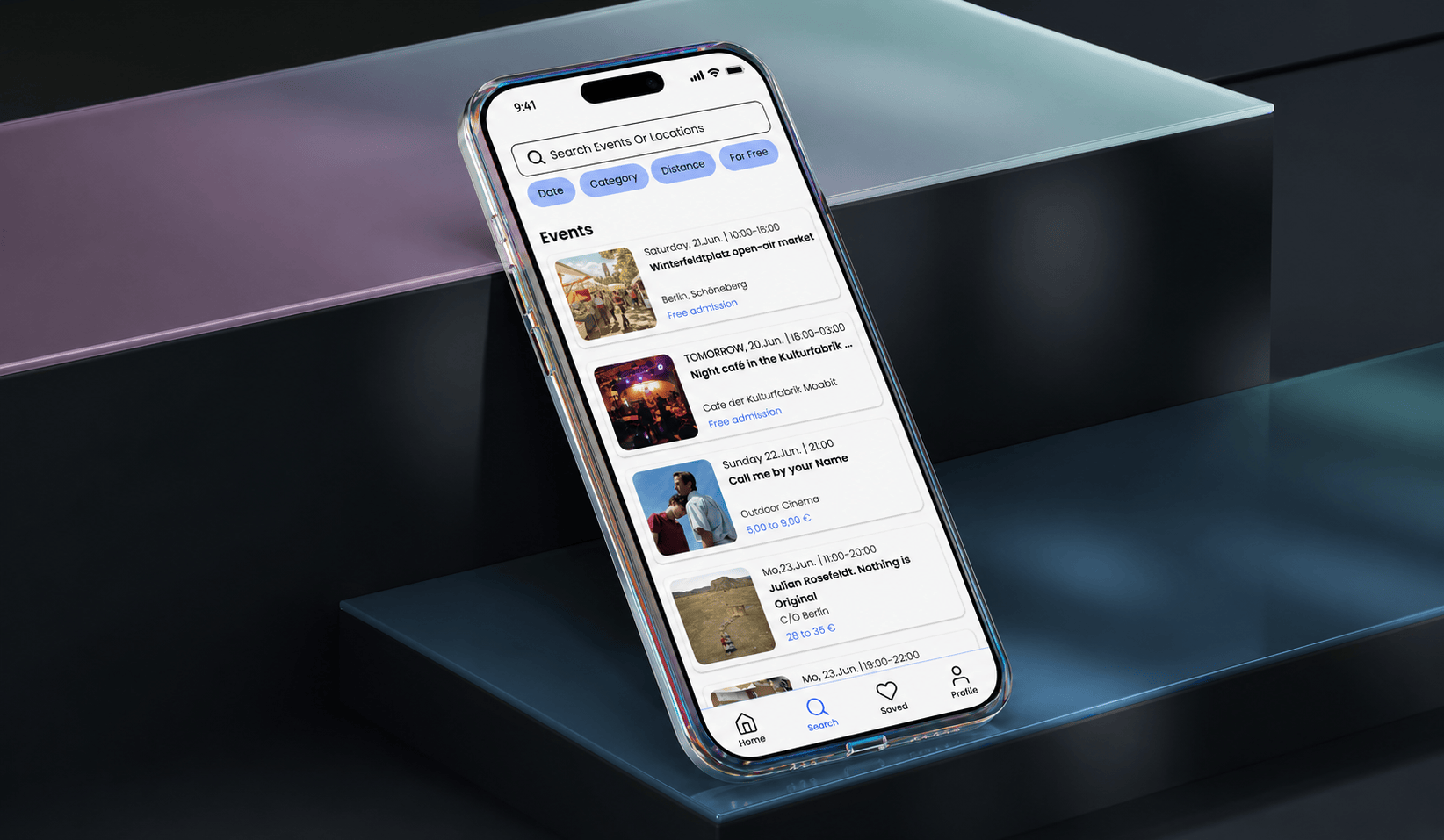Onfoot search screen on a phone standing on translucent glass blocks