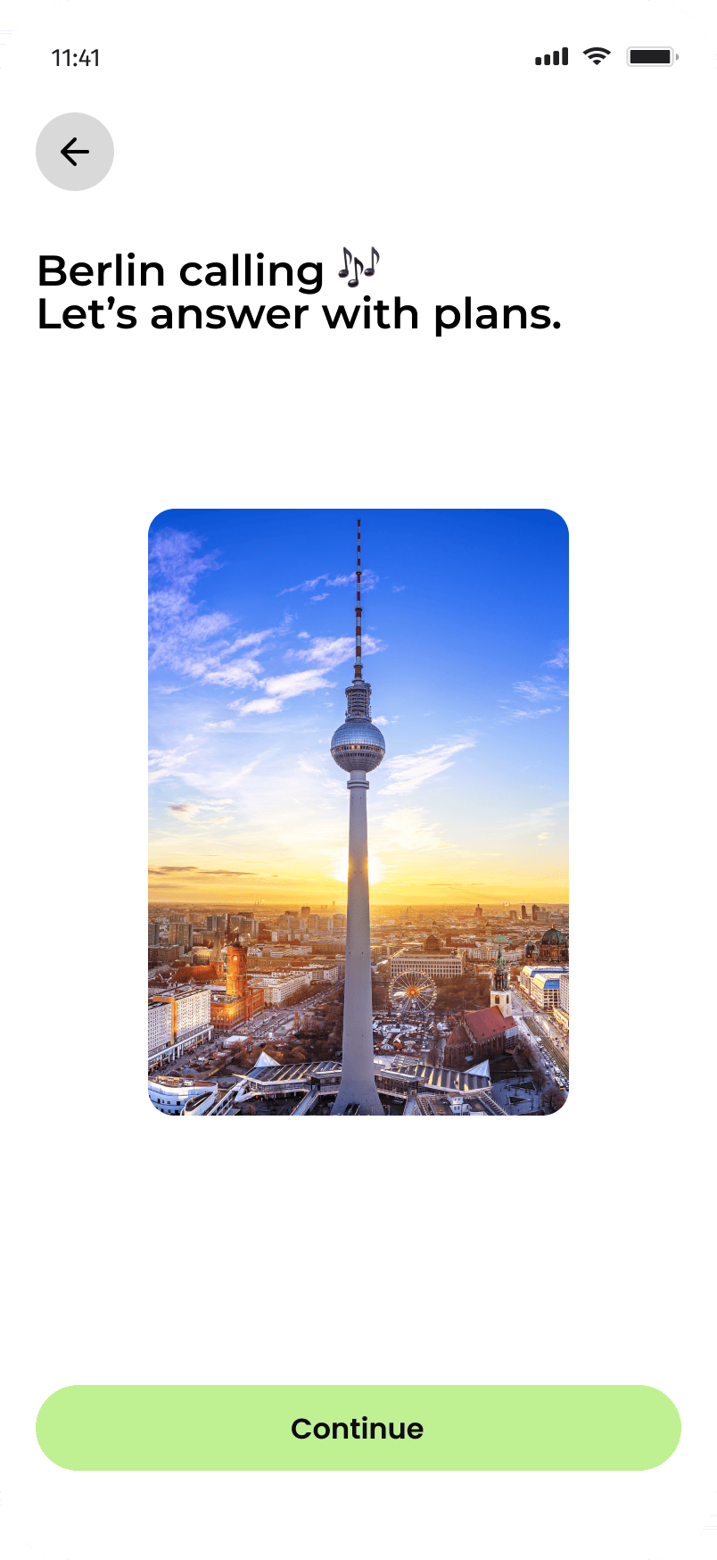 Onfoot — Berlin calling, let's answer with plans, with the TV Tower at sunset and a Continue button