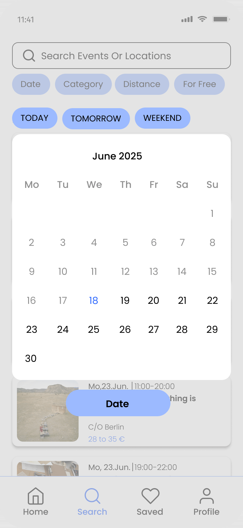Onfoot search with a specific date selected in the calendar
