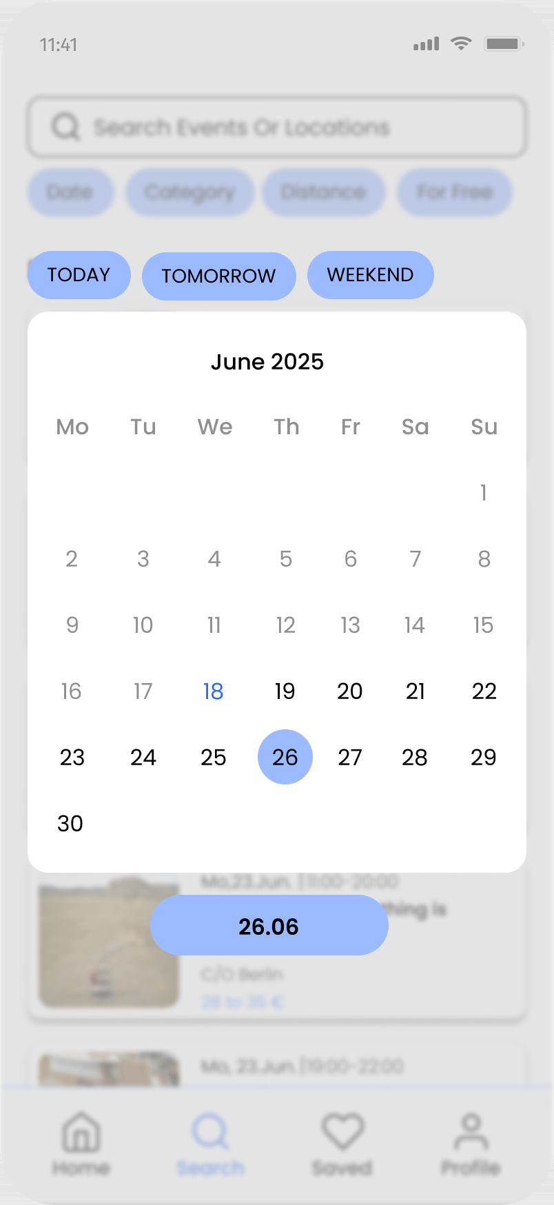 Onfoot search with the calendar date-picker open