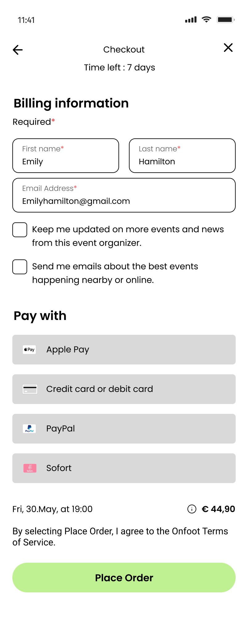Onfoot checkout — billing information and payment method selection