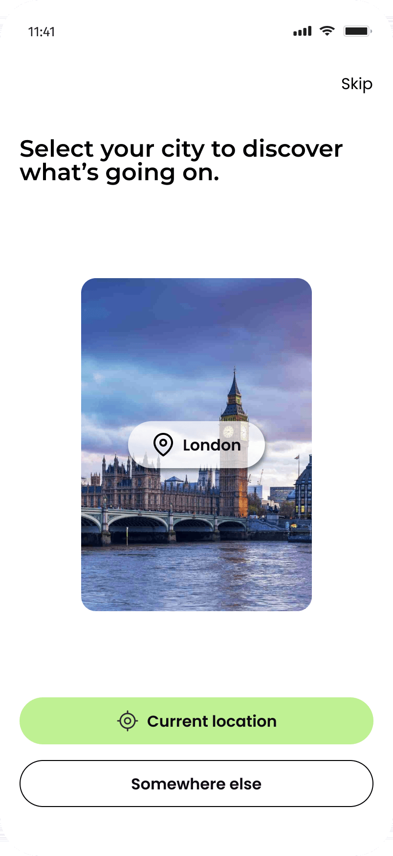 Onfoot select-your-city screen showing London with Current location and Somewhere else
