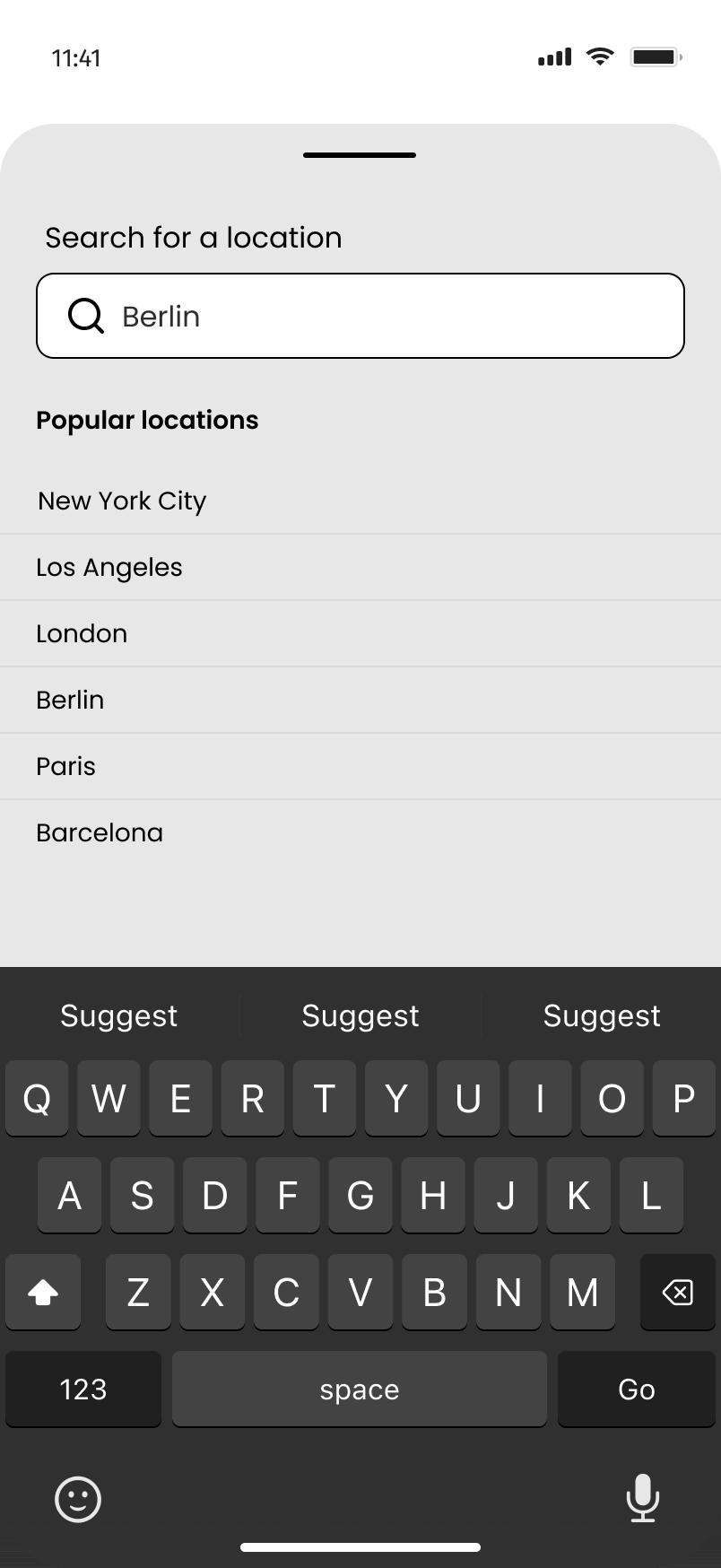 Onfoot search-for-a-location screen with popular locations and the keyboard