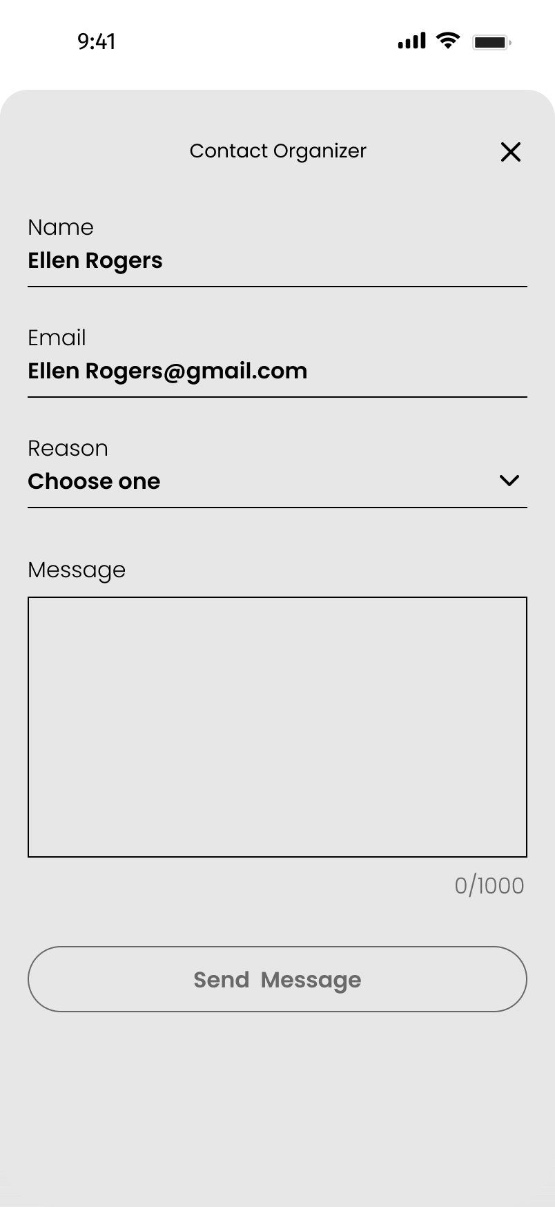 Onfoot contact-organizer form with name, email, reason and message