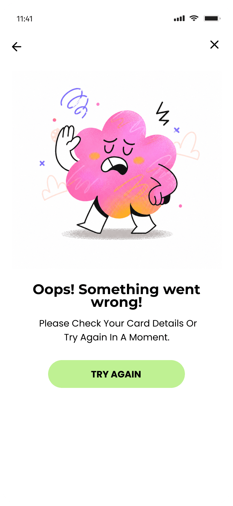 Onfoot error state — Oops! Something went wrong, with Try Again