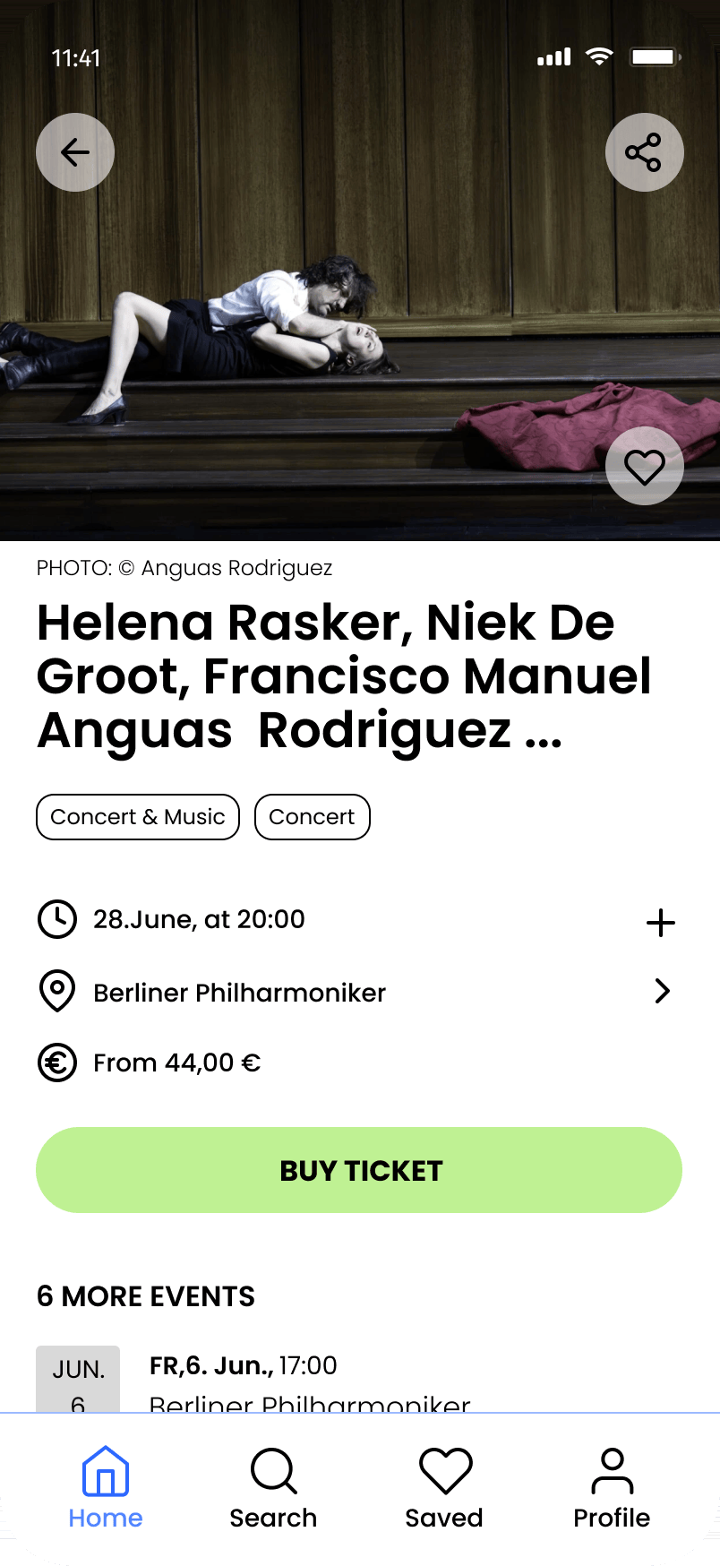 Onfoot event detail — hero image, title, date, venue, price, and Buy Ticket