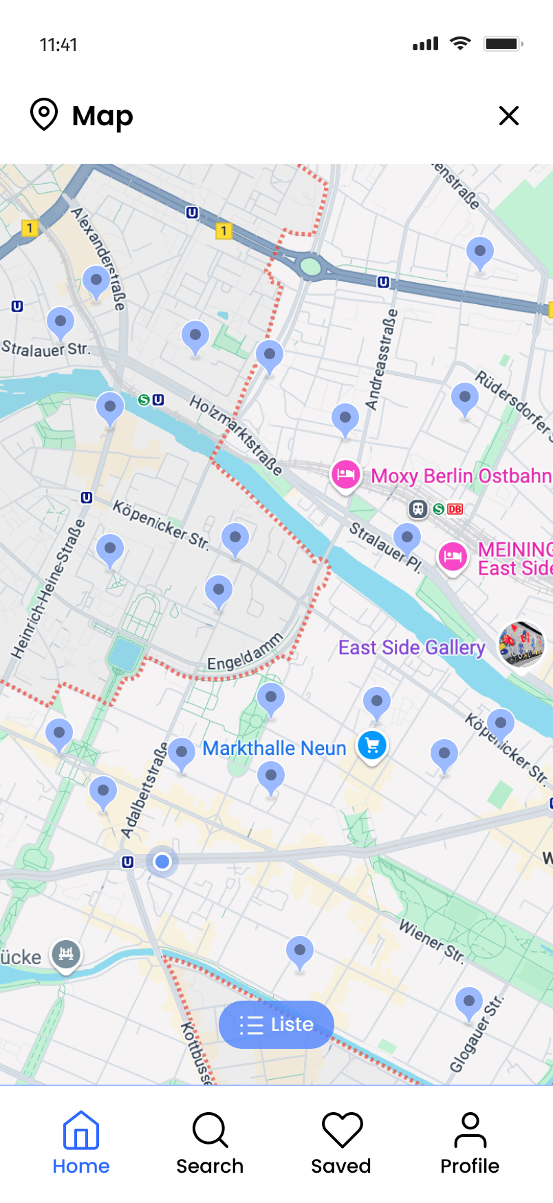Onfoot map view with event pins across central Berlin