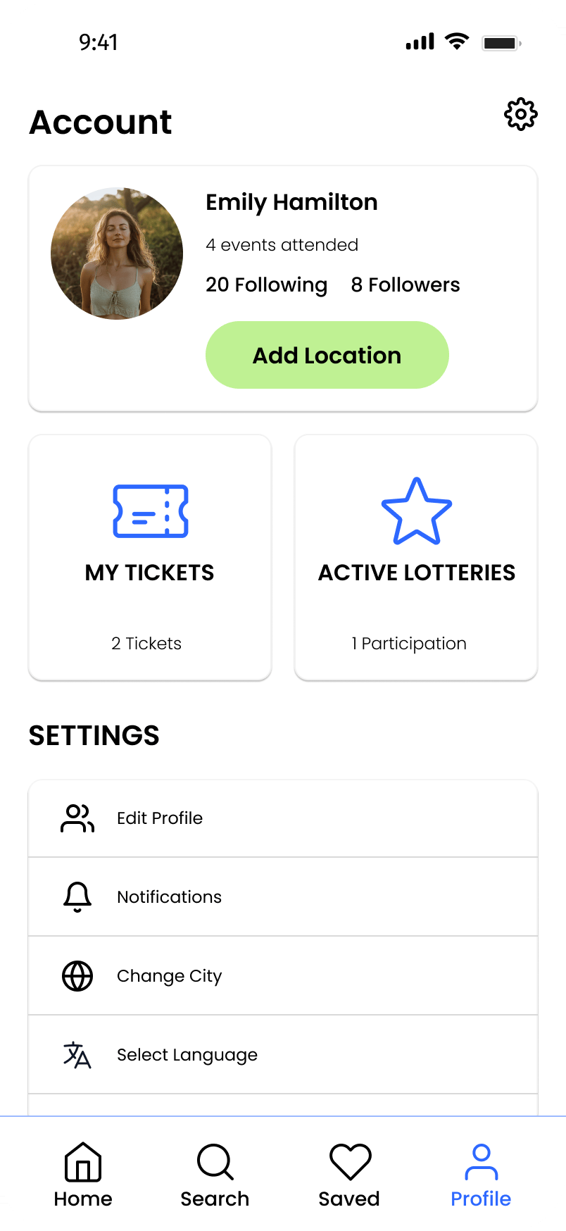 Onfoot account screen with profile, My Tickets, Active Lotteries, and settings