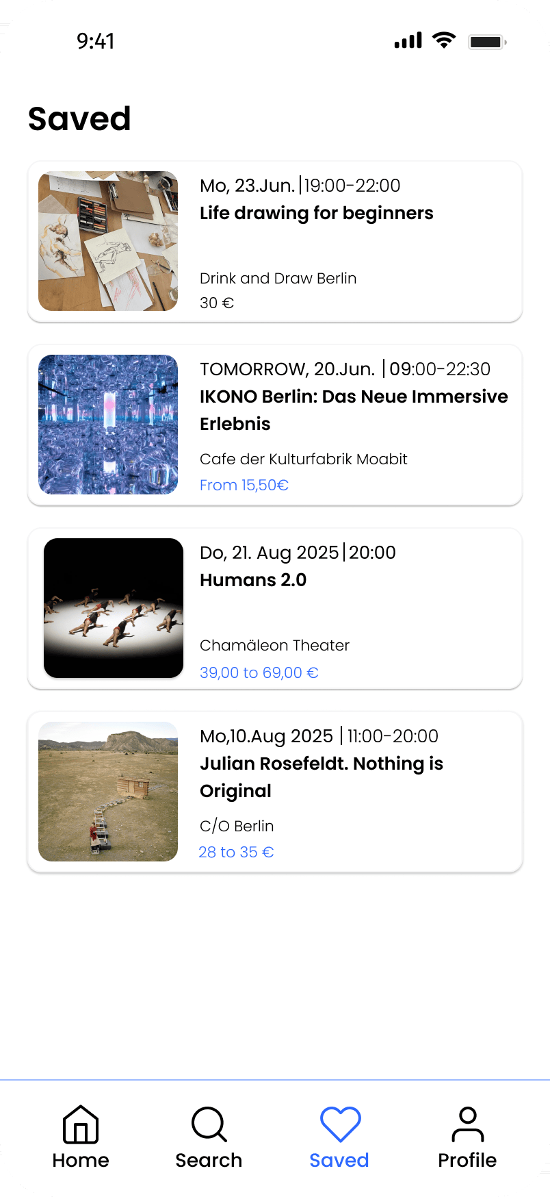 Onfoot saved screen with bookmarked events