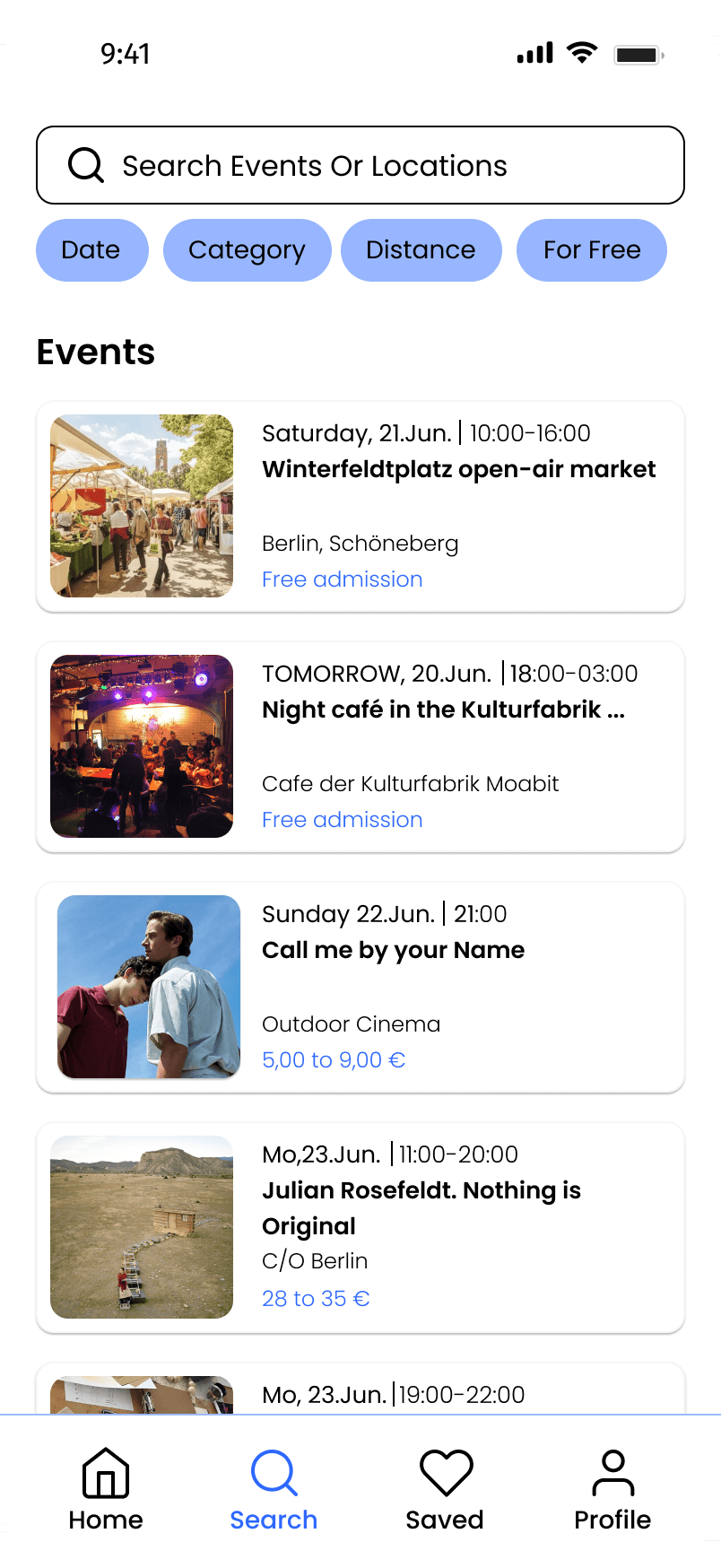 Onfoot search results screen listing events with date, venue, and price