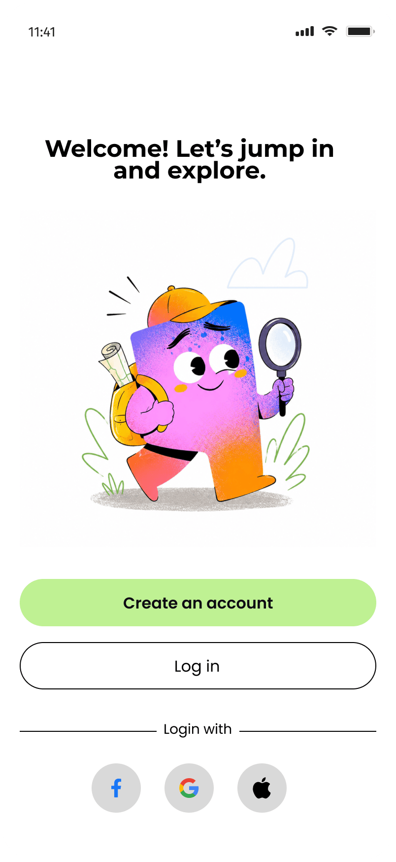 Onfoot welcome screen with a friendly illustration and account options