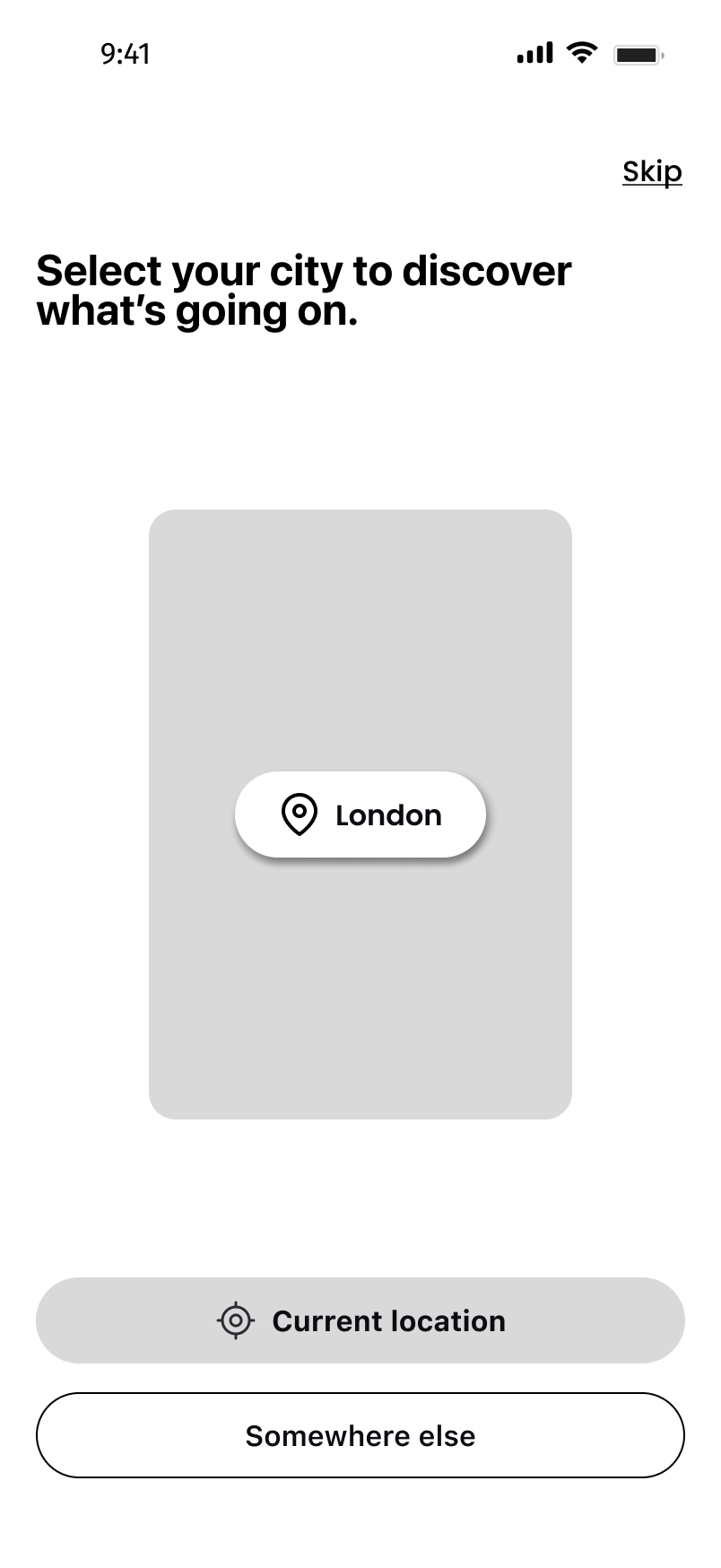 iOS city-selection wireframe — Current location above, Somewhere else below