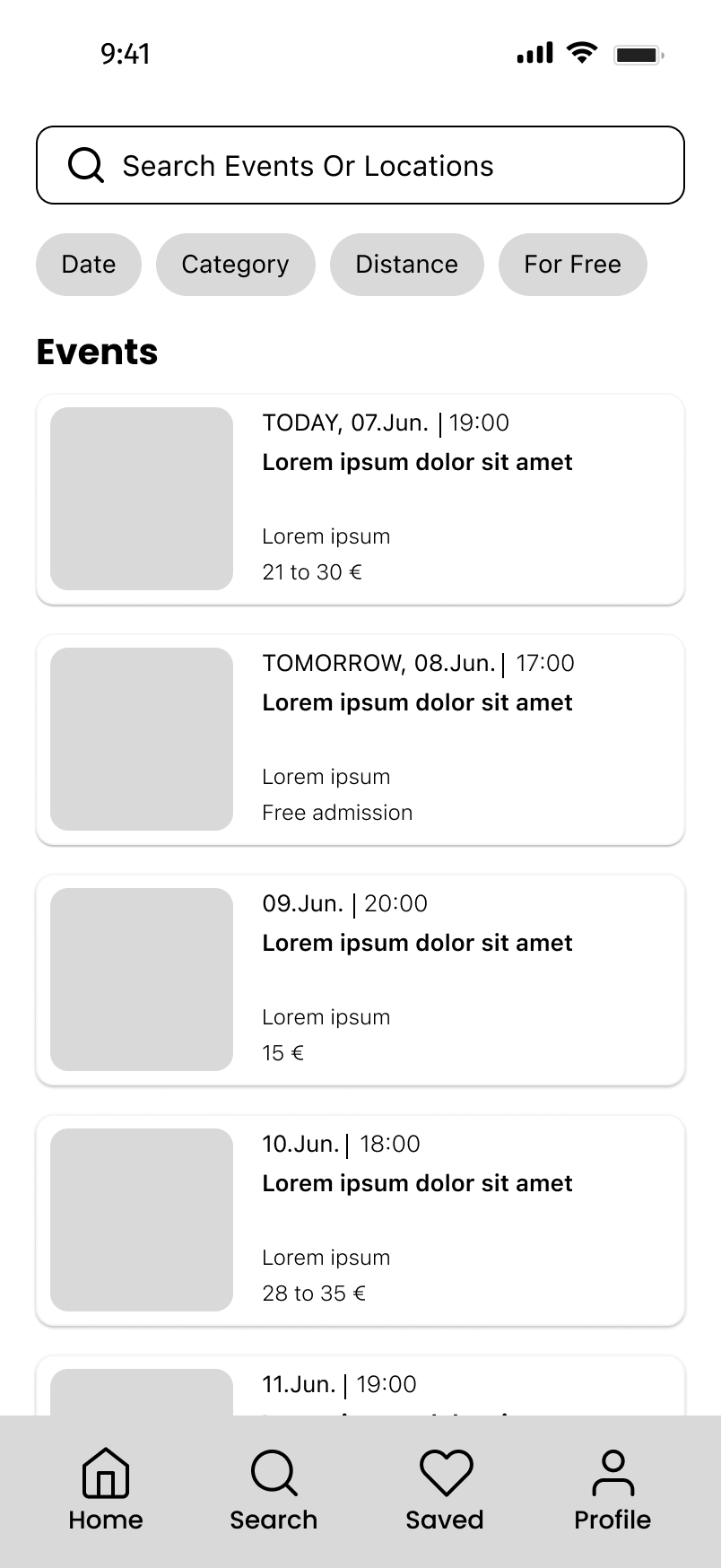 iOS search wireframe — rounded search bar with a rounded-rect filter chip row