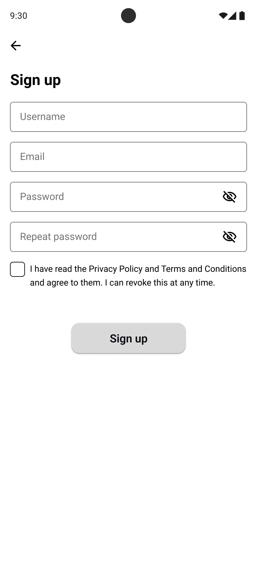 Android sign-up wireframe
