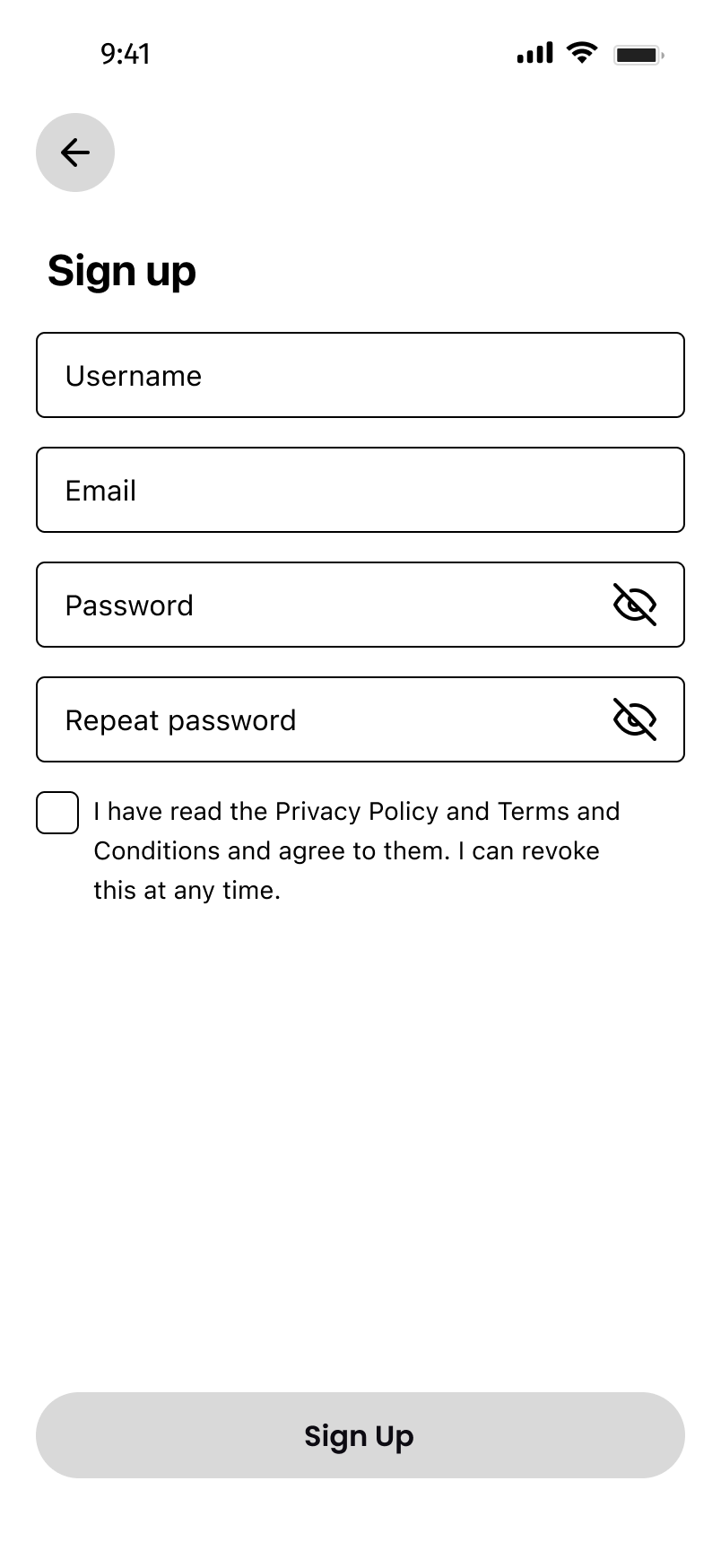 iOS sign-up wireframe