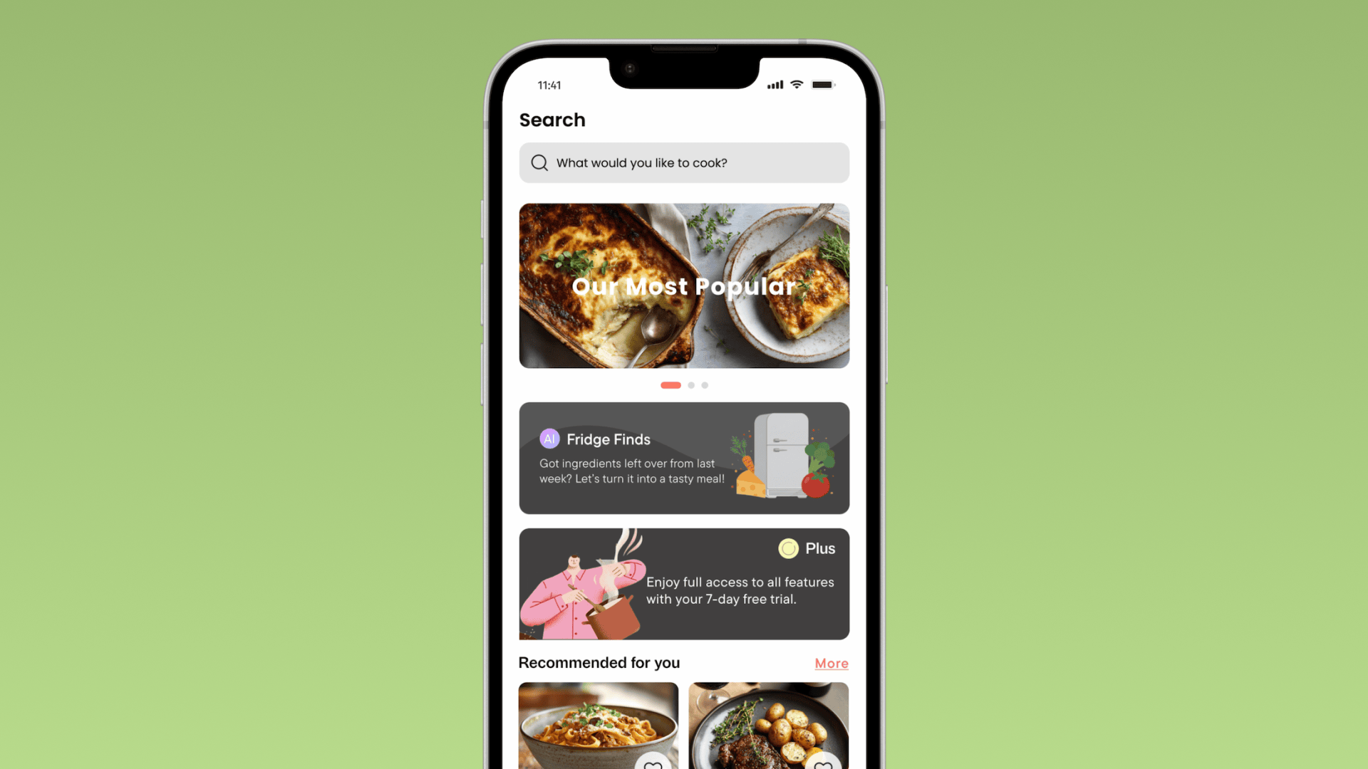 Dishcovery recipe app — Search screen with most-popular recipes