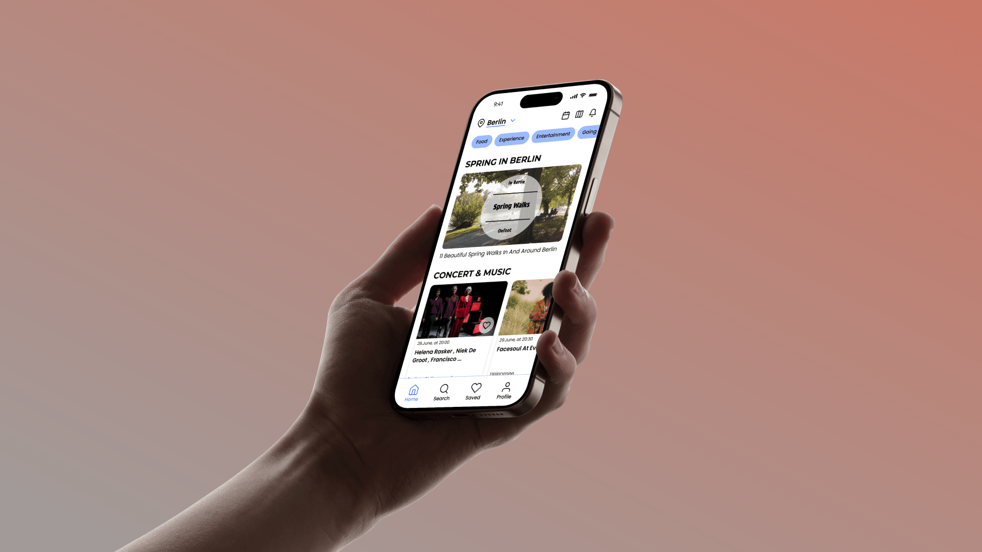 Onfoot city-events app — Spring in Berlin home screen held in hand